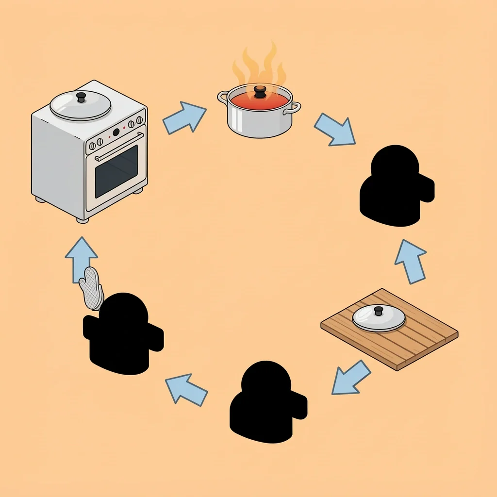 Isometric step-by-step guide showing safe use of glass lid in oven: cold start, slow heating, dry mitt, wooden resting surface.
