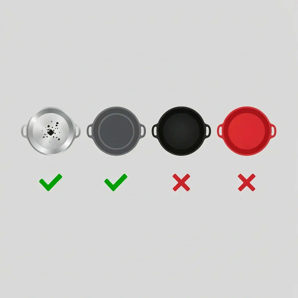 Flat vector illustration comparing four pan materials—stainless steel, cast iron, non-stick, enameled cast iron—with fond presence and checkmarks or Xs below each, light gray background.