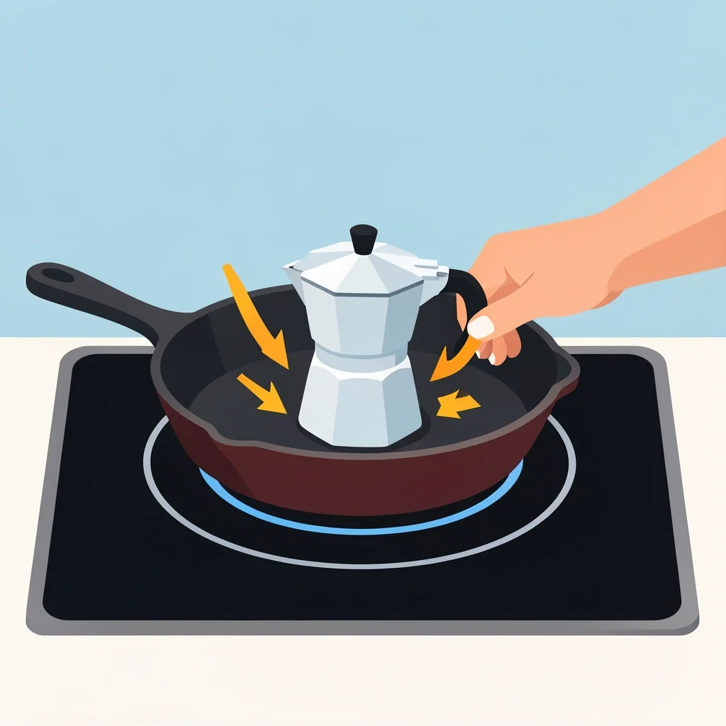 Cast iron skillet on induction hob heating a small moka pot placed inside it