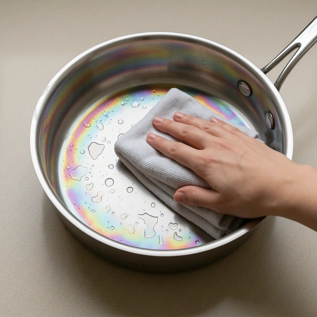 Removing Rainbow Marks from Stainless Steel Saucepan Hand wiping rainbow discoloration from a stainless steel saucepan