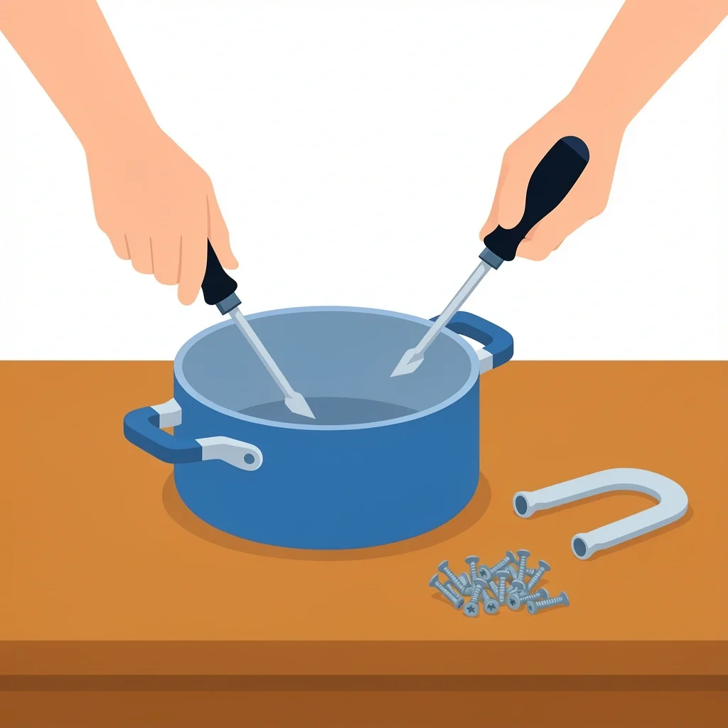 Removing Saucepan Handle for Recycling Hands using a screwdriver to remove a plastic handle from a saucepan for clean metal recycling