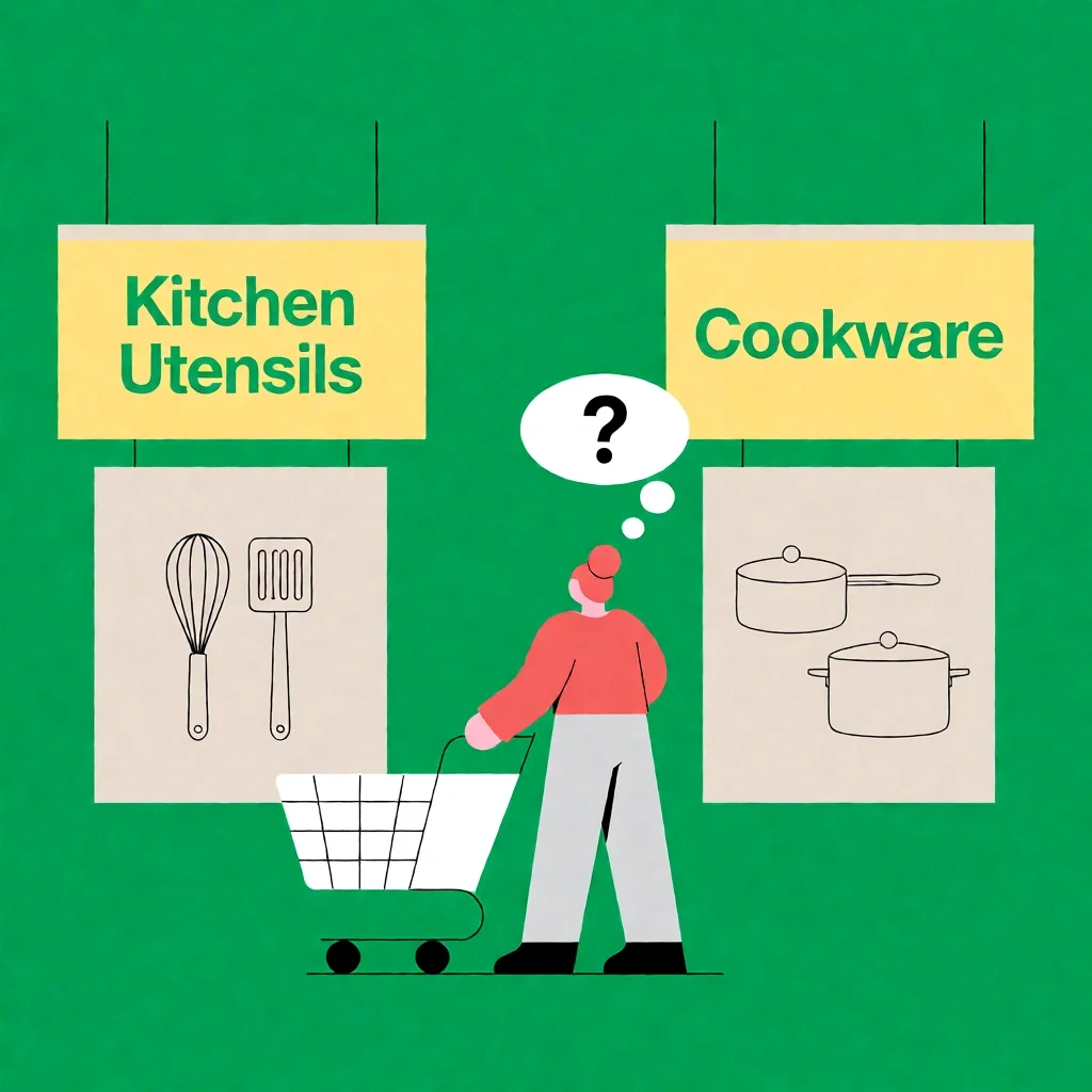 Shopper confused between kitchen utensil and cookware aisles in a store.
