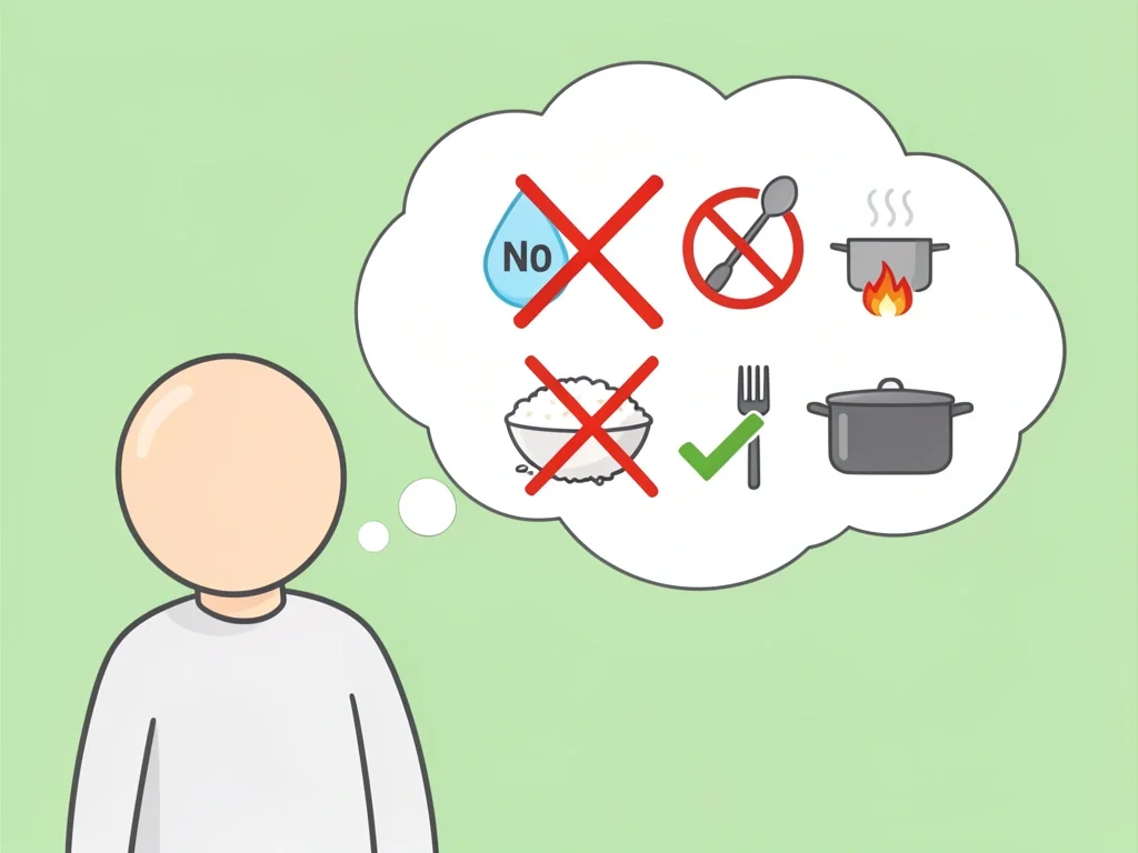 Common myths about cooking rice in a saucepan Faceless person with thought bubble showing myths crossed out and correct symbols: no rinsing needed, no stirring, thick pot not necessary but helpful