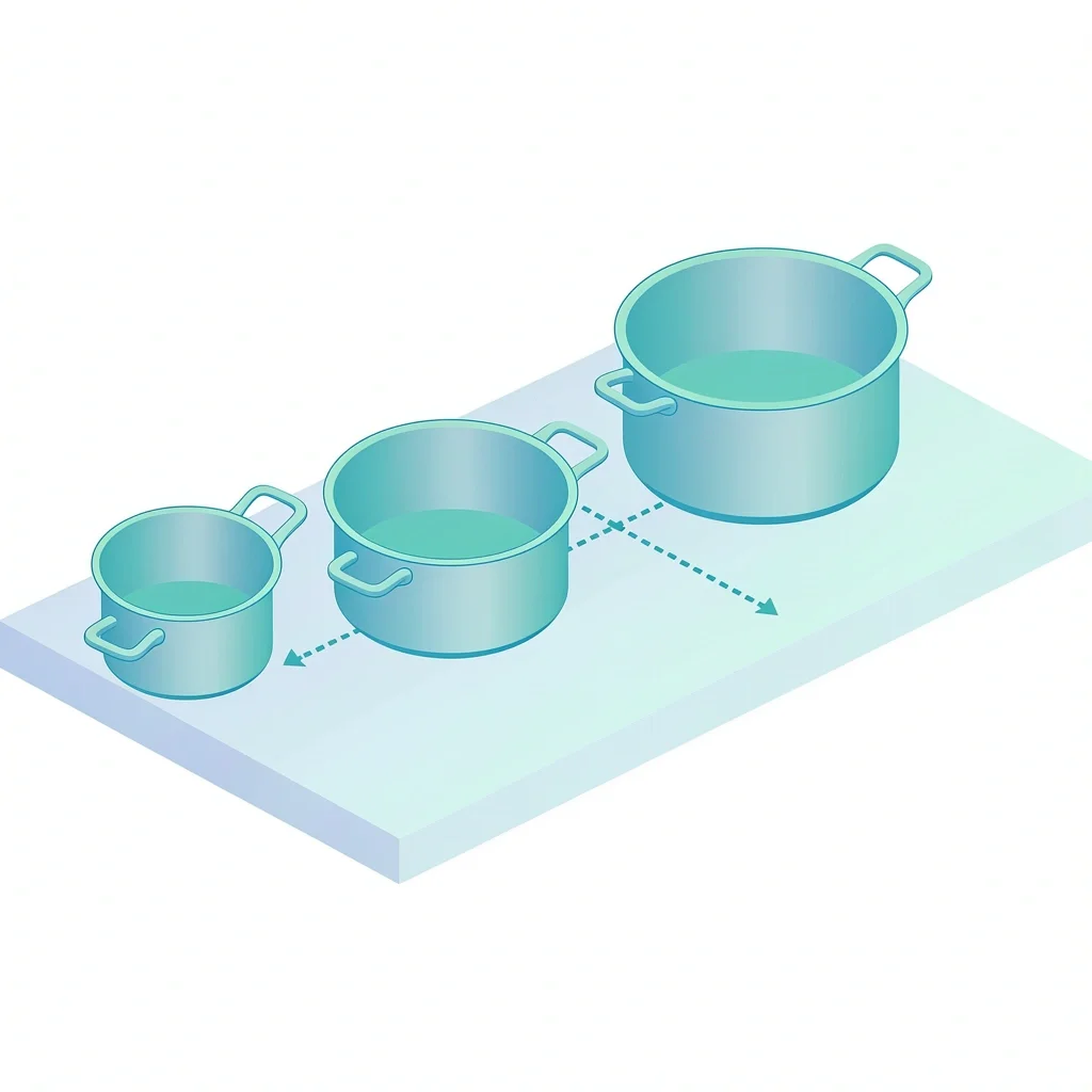 Isometric view of three saucepans from 1.5 to 5 quarts showing progression from single handle to two handles, marking the transition point