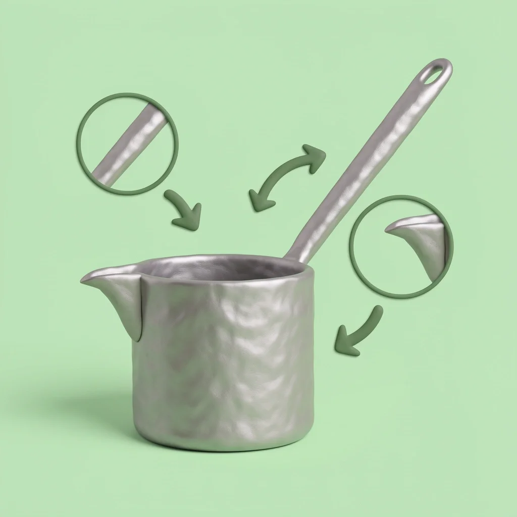 A 3D silver saucepan with callout arrows highlighting its single long handle, tall sides, and pouring lip, showing its hybrid design