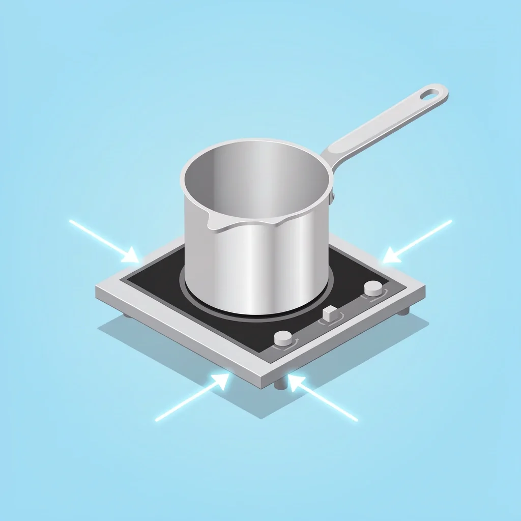 Isometric vector illustration of a silver saucepan on a blue background, with arrows pointing to its tall straight sides, narrow base, and lid.