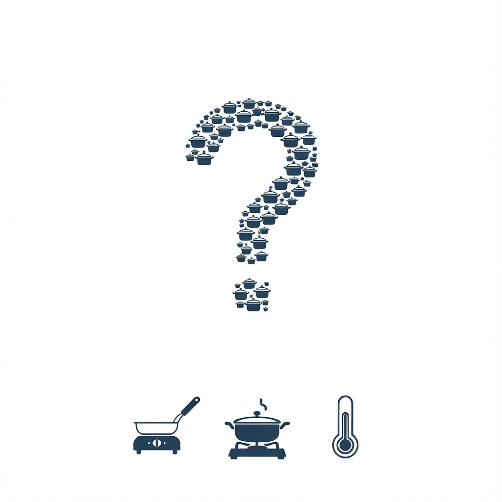 Flat vector illustration of a question mark made of saucepan shapes with icons of a deep fryer, burner, and thermometer on a white background.