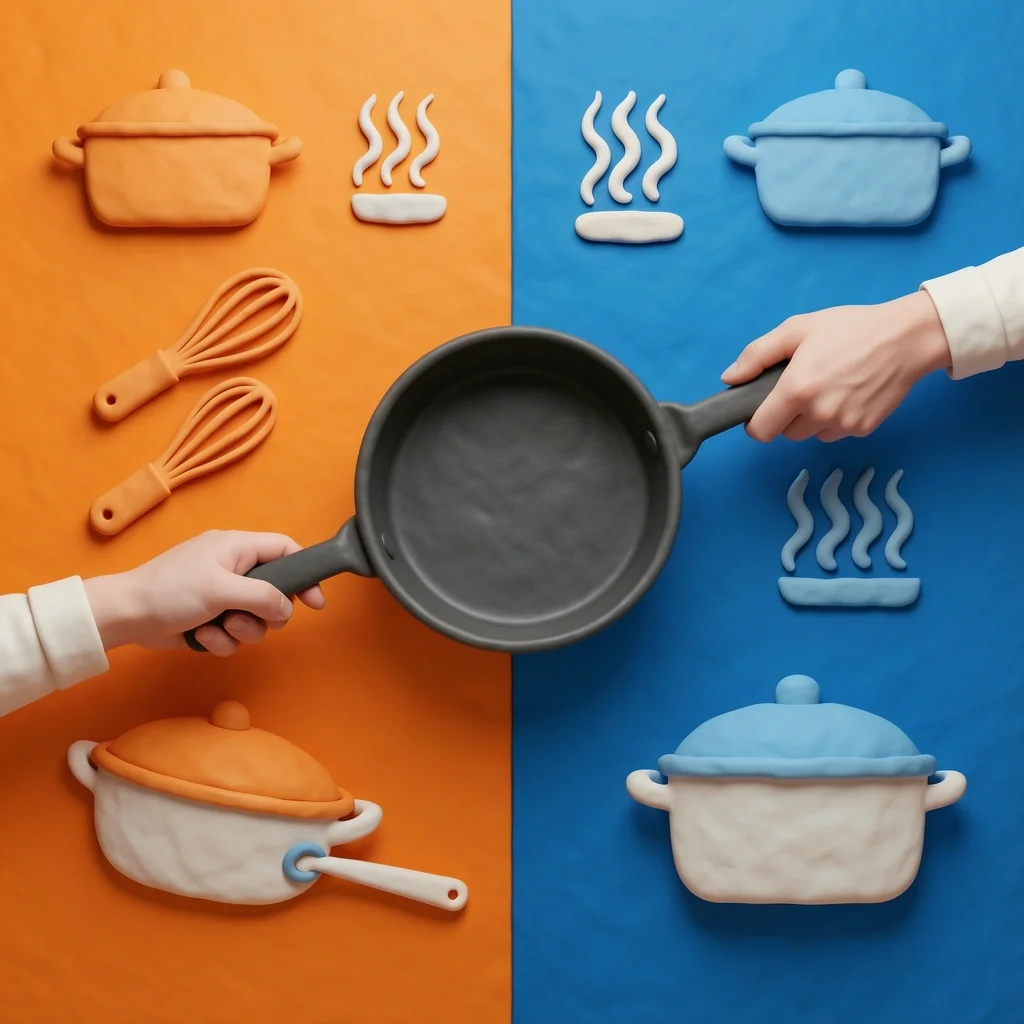 A 3D saucepan with one hand on the single handle for whisking and another hand lifting with a helper handle for boiling, split between pan and pot symbolism