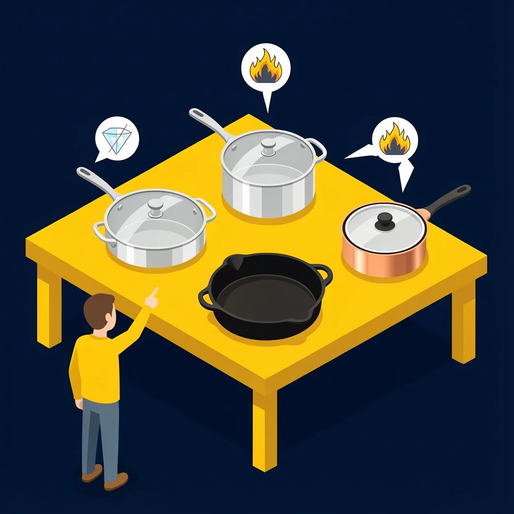 Isometric illustration of four saucepans made of stainless steel, non-stick, cast iron, and copper, each paired with a compatible lid and material icons