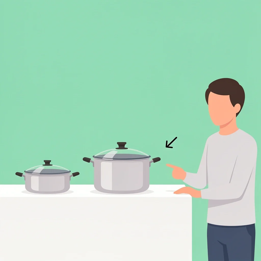 Choosing the Right Saucepan Size Three saucepans of different sizes with a person pointing to the medium one as the recommended size