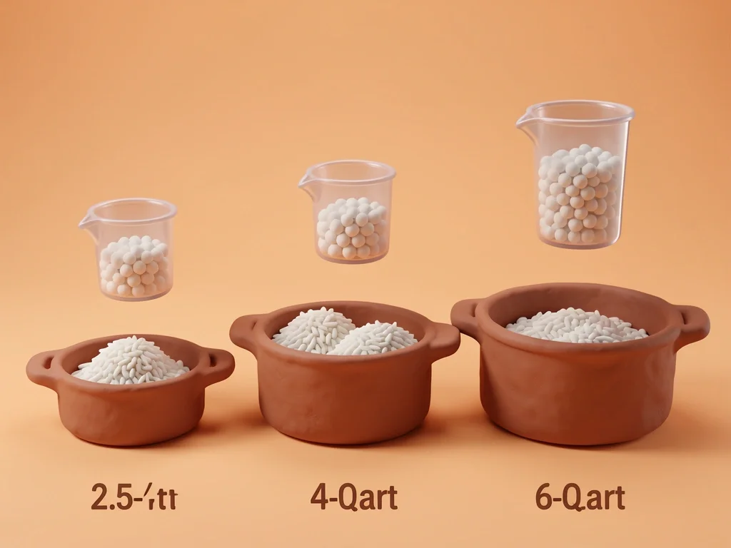 Saucepan size guide for rice quantities Three clay-style saucepans in increasing sizes with rice scoops displayed: 2.5 quarts for 1 cup, 4 quarts for 2 cups, 6 quarts for 3 cups