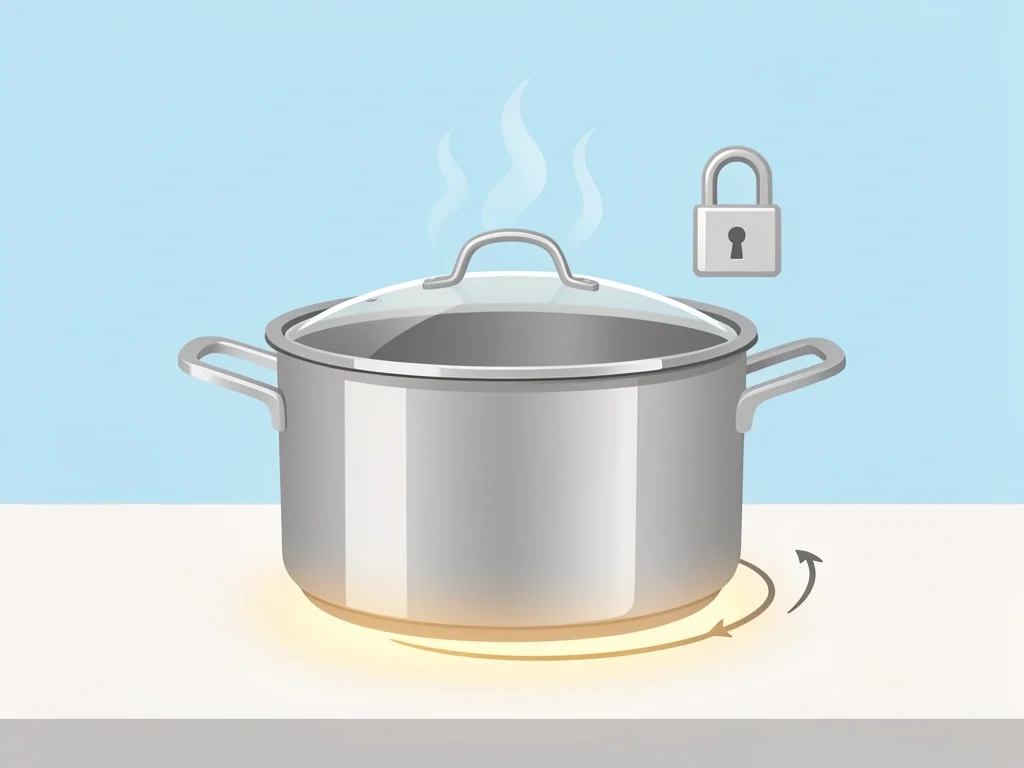 Saucepan with thick base and tight lid for rice Stainless steel saucepan with thick base and tight lid, steam rising, arrows showing even heat distribution