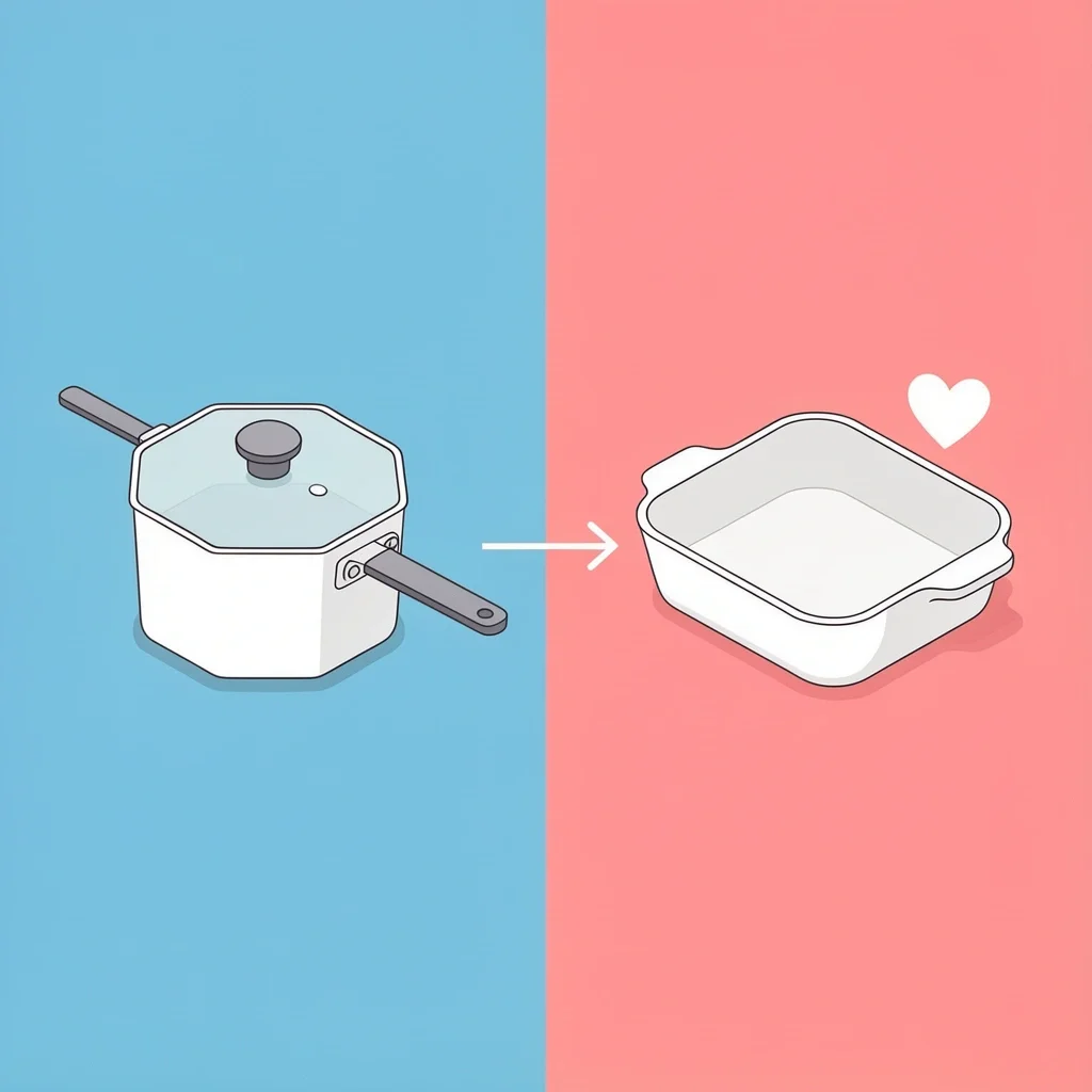 Isometric vector art comparing a sharp-cornered saucepan on a blue background with a round-cornered saucier on a pink background.