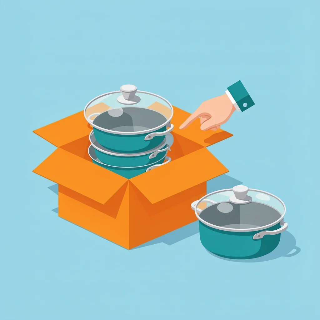 Illustration showing a set of three saucepans with matching glass lids in a box next to a single saucepan without a lid, highlighting common packaging differences