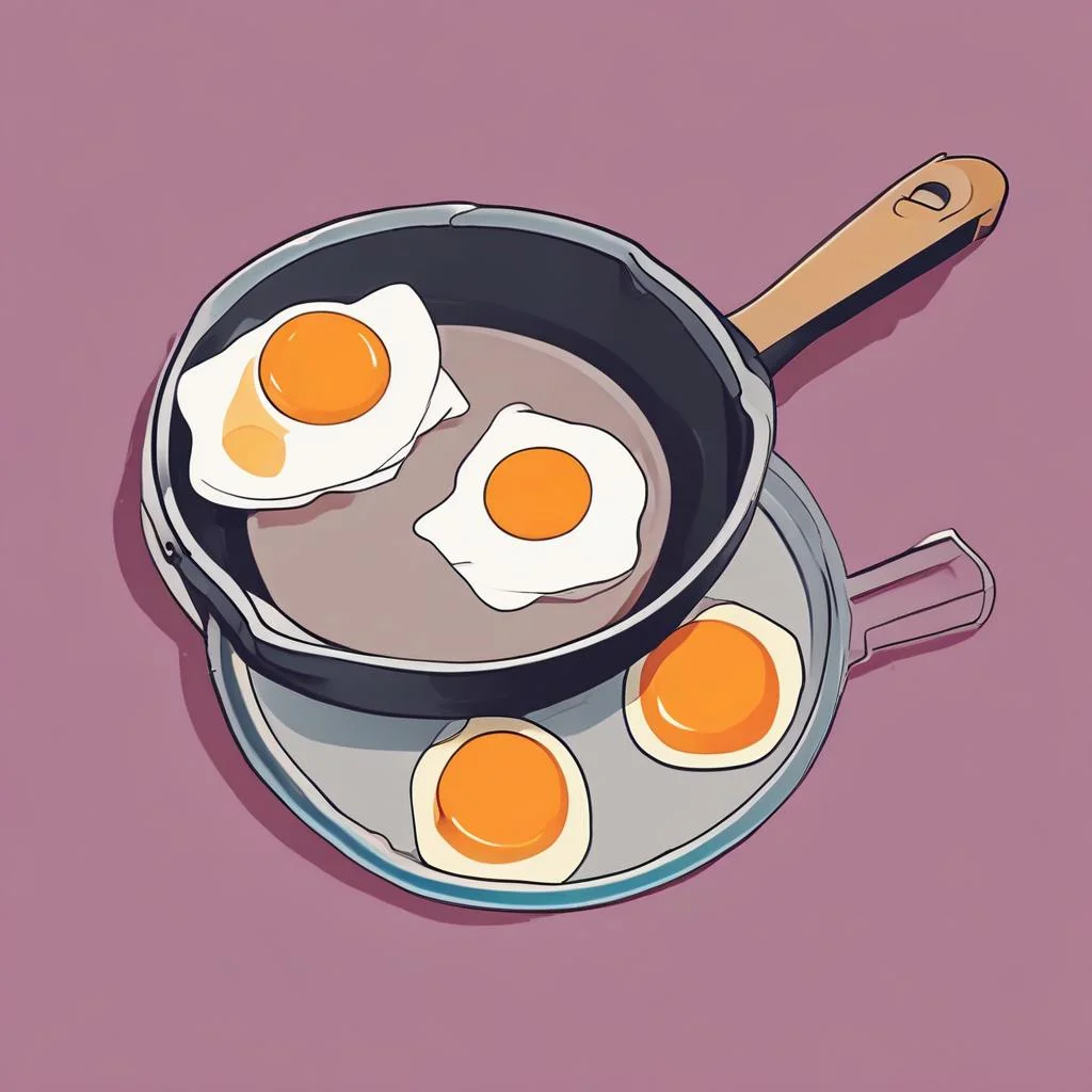 Illustration of shallow frying an egg and fish in a non-stick saucepan with gentle steam.