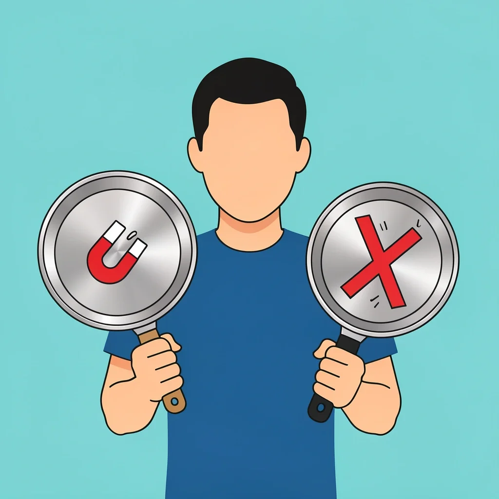 Two stainless steel pans side by side, one magnetic and one non-magnetic, debunking the myth