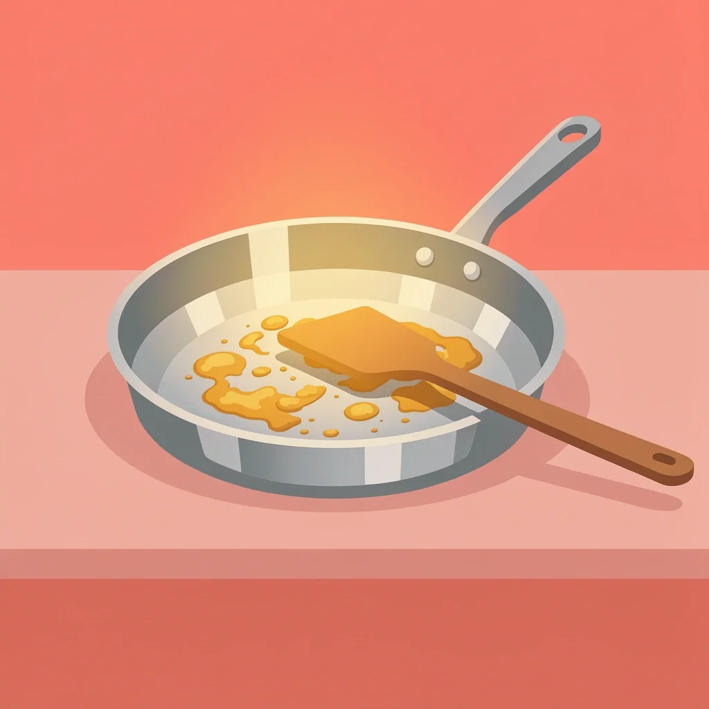 Flat vector illustration of a stainless steel skillet with golden-brown fond bits on the bottom, a wooden spatula beside it on a countertop, solid coral background.