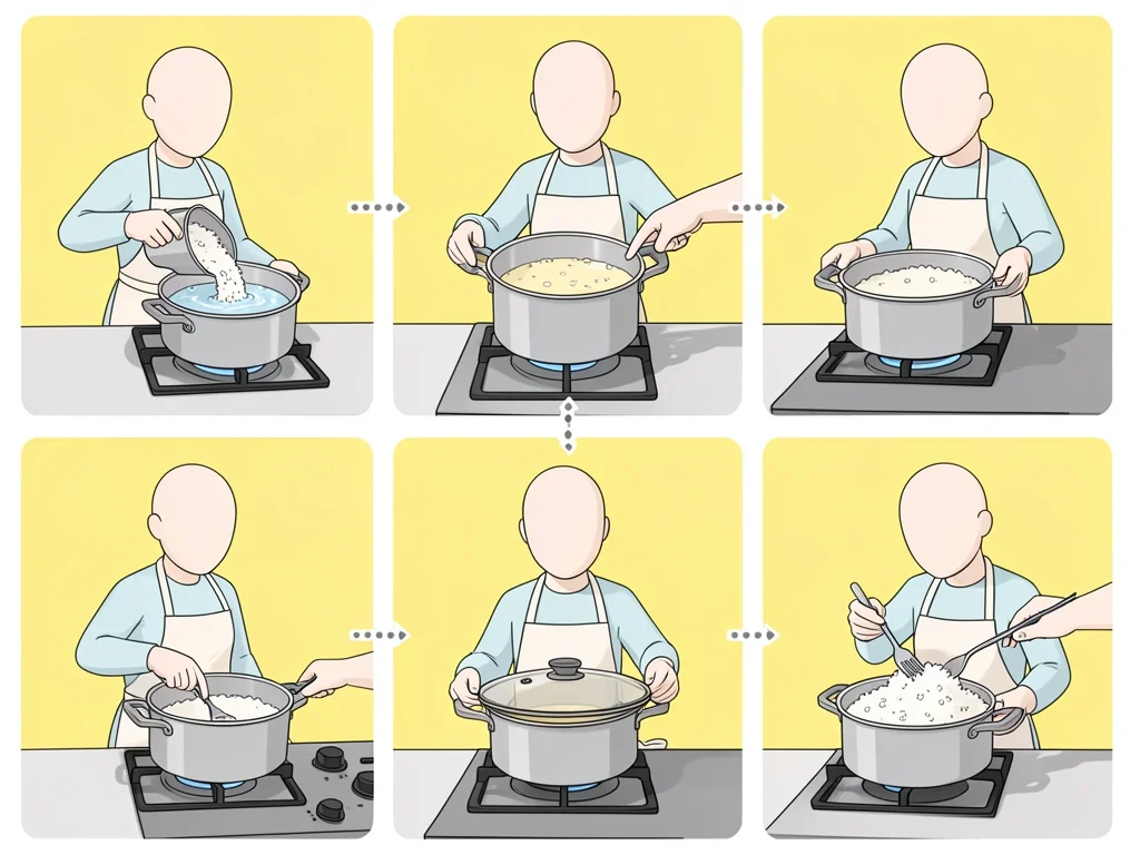 Step-by-step rice cooking in saucepan Faceless cook performs four steps: add rice and water, simmer, cover and reduce heat, then fluff with fork