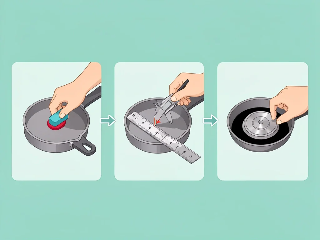 Three Tests for Induction Pan Gas Compatibility Isometric illustration showing three tests for an induction saucepan: magnet test, thickness measurement with ruler, and checking for a welded disc on the bottom.