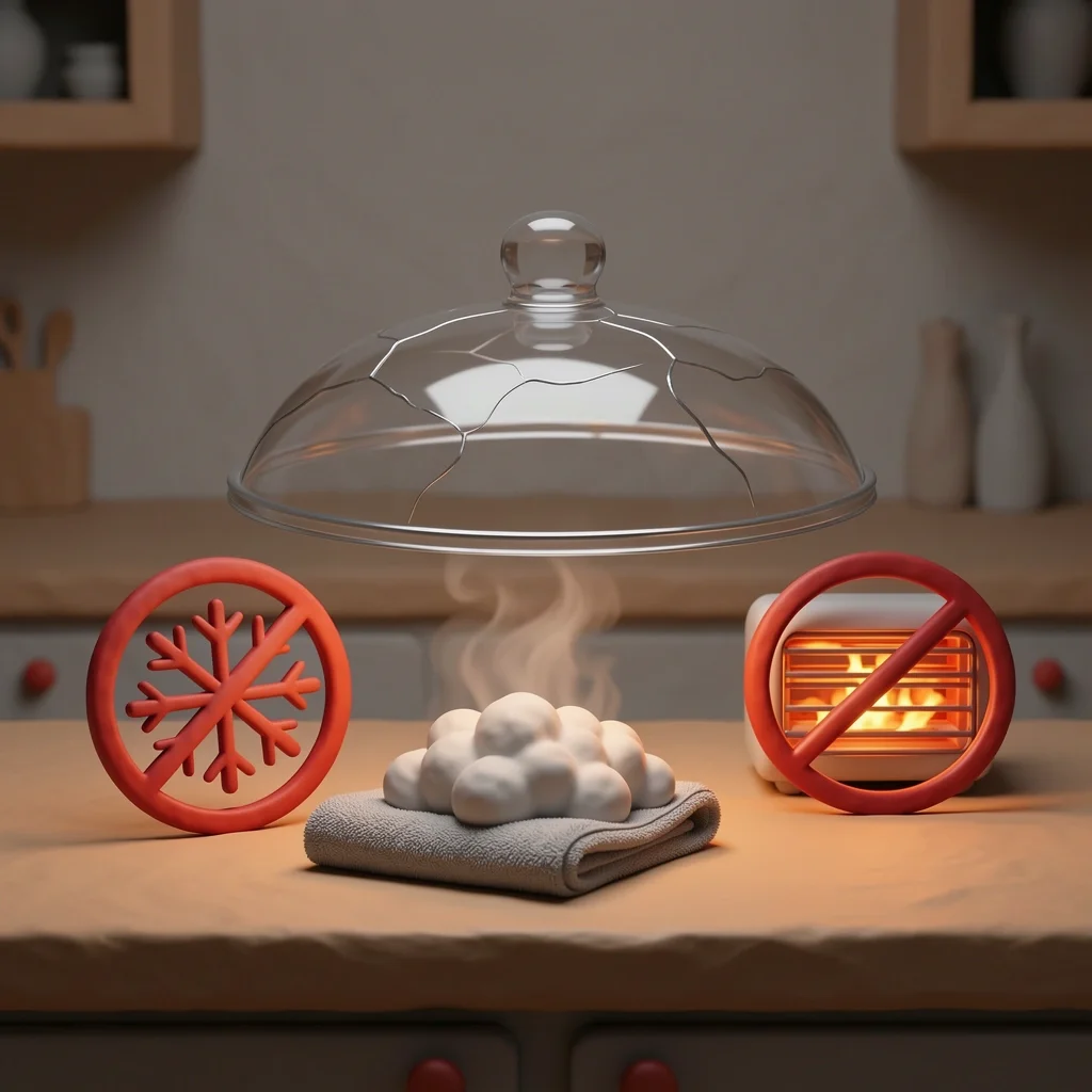 3D claymorphism illustration showing three risky scenarios causing thermal shock: cold lid to hot oven, hot lid on wet surface, lid near broiler.