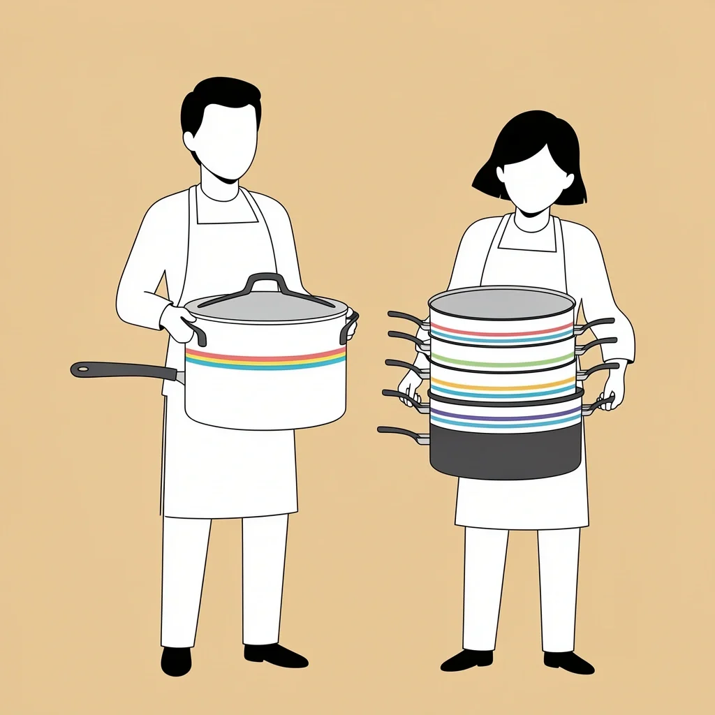 Tri-Ply vs Five-Ply Saucepan Weight Faceless character easily holding a tri-ply saucepan compared to struggling with a heavier five-ply saucepan