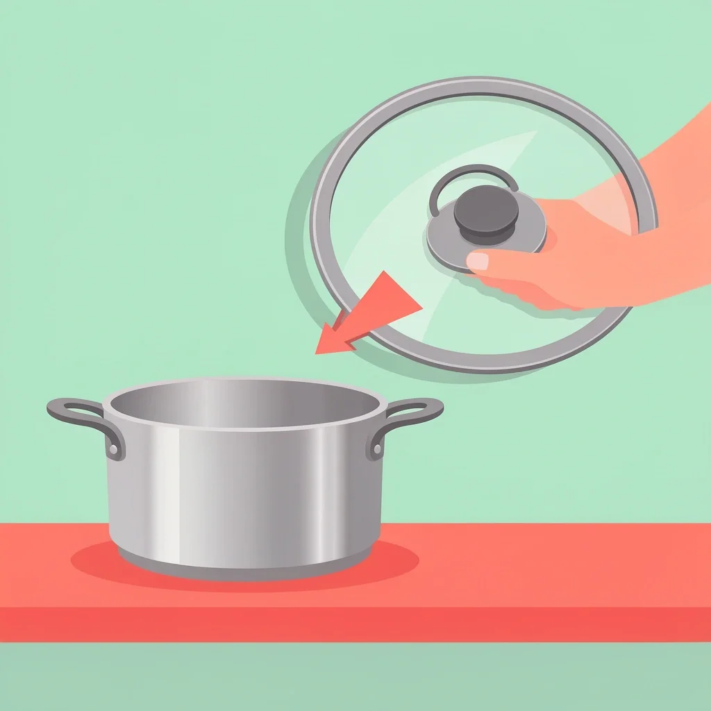 Illustration of a universal lid with metal rim and glass center being placed on a stainless steel saucepan, with an arrow showing it fits perfectly