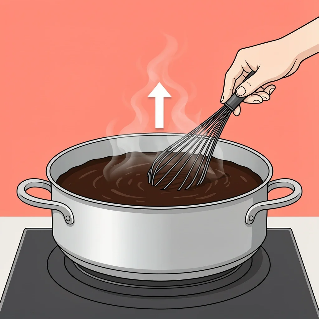 Saucier Pan for Reduction Wide saucier pan with sauce being whisked, steam rising, and an arrow indicating evaporation for reduction