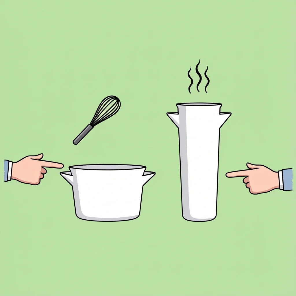 Saucepan Shape Comparison Comparison of a wide and a tall saucepan with hand gestures and icons indicating use for whisking vs boiling