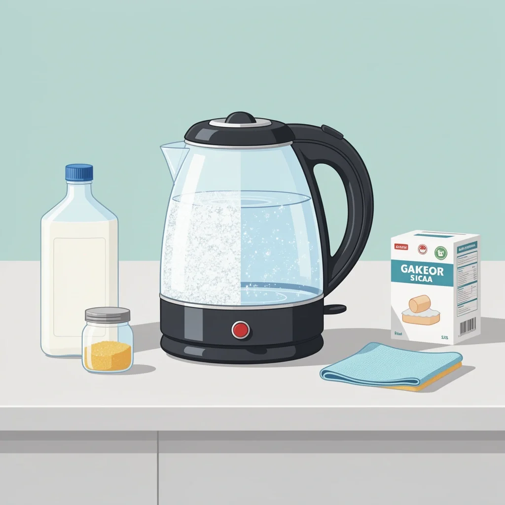 Glass electric kettle half cloudy with limescale and half sparkling clean with cleaning supplies on counter