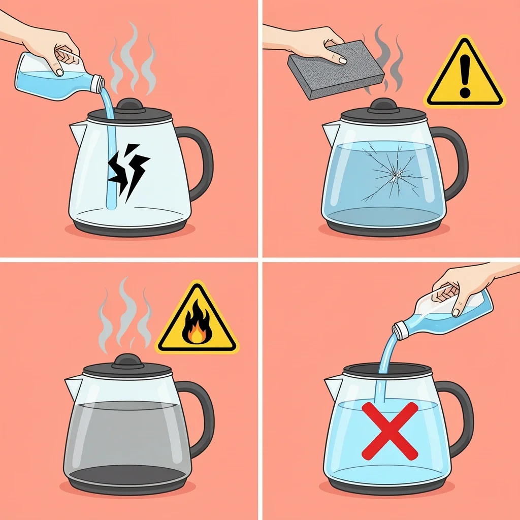 Mistakes That Ruin Glass Kettles Four illustrations showing common mistakes that damage glass kettles: cold water in hot kettle, steel wool scratches, boiling dry, and using dish soap