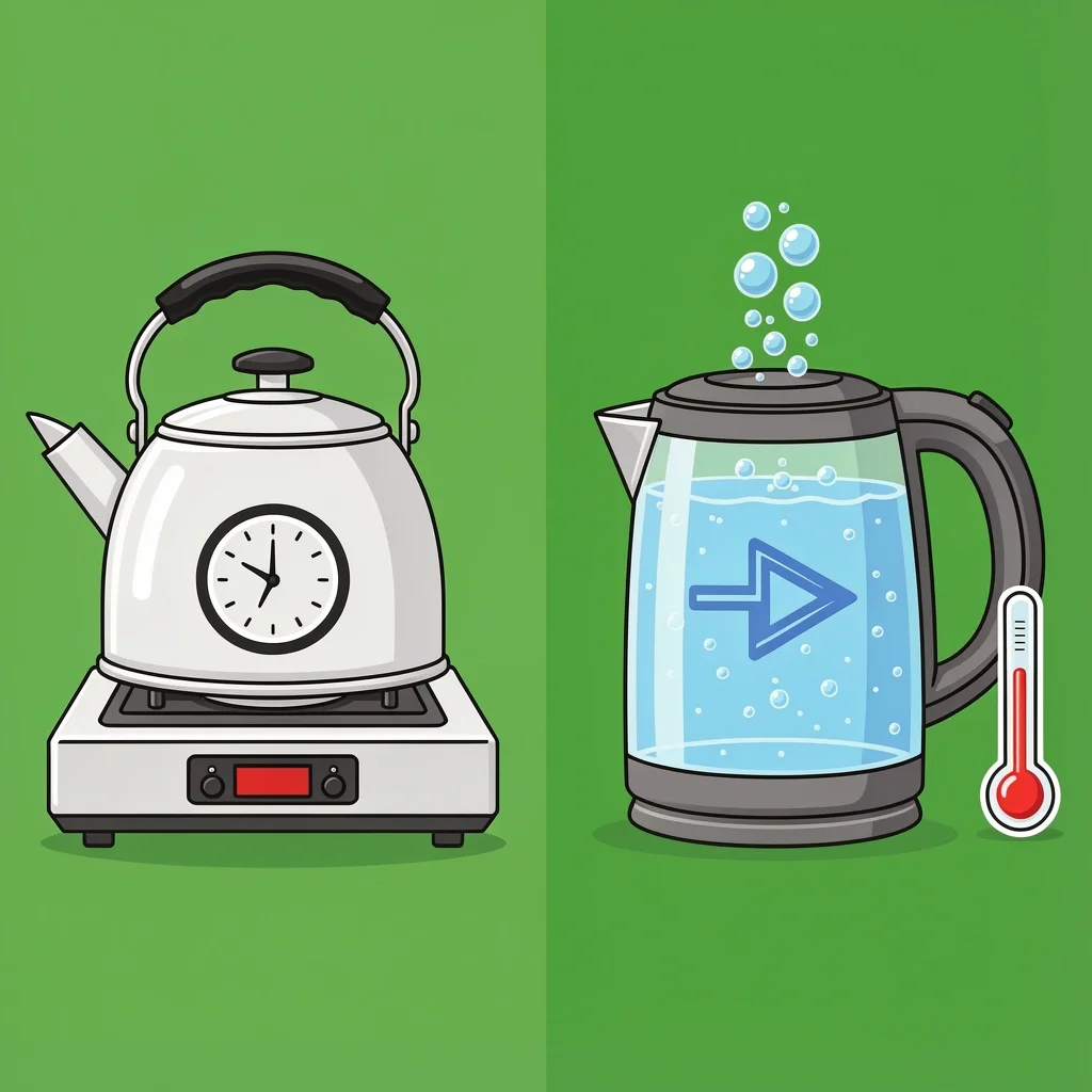 Comparison of electric kettle and stovetop kettle showing oxygen bubbles and temperature precision