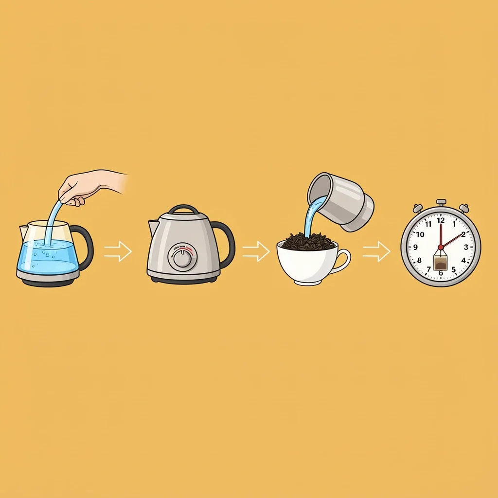 Five-step illustration showing how to brew tea using an electric kettle