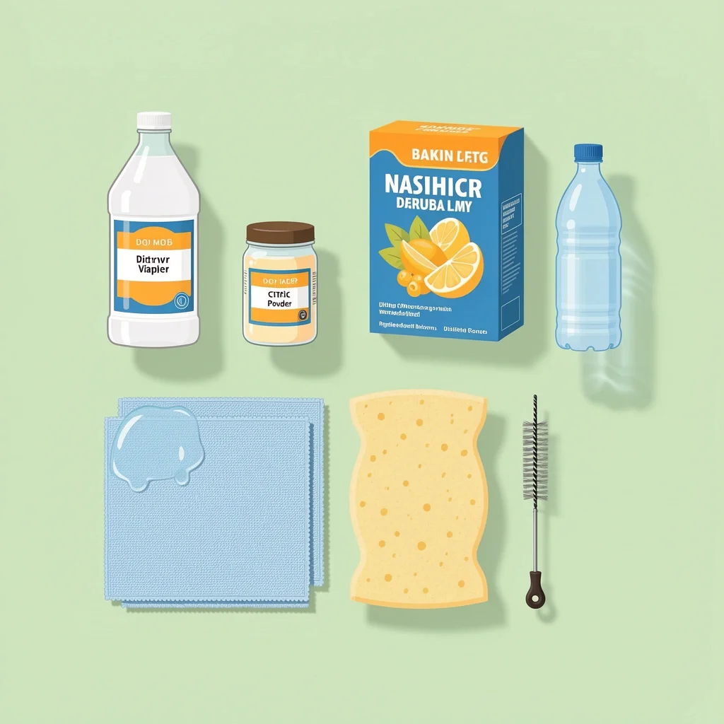 Supplies Needed to Clean a Glass Kettle Flat lay of glass kettle cleaning supplies including white vinegar, citric acid, baking soda, distilled water, microfiber cloths, sponge, and bottle brush