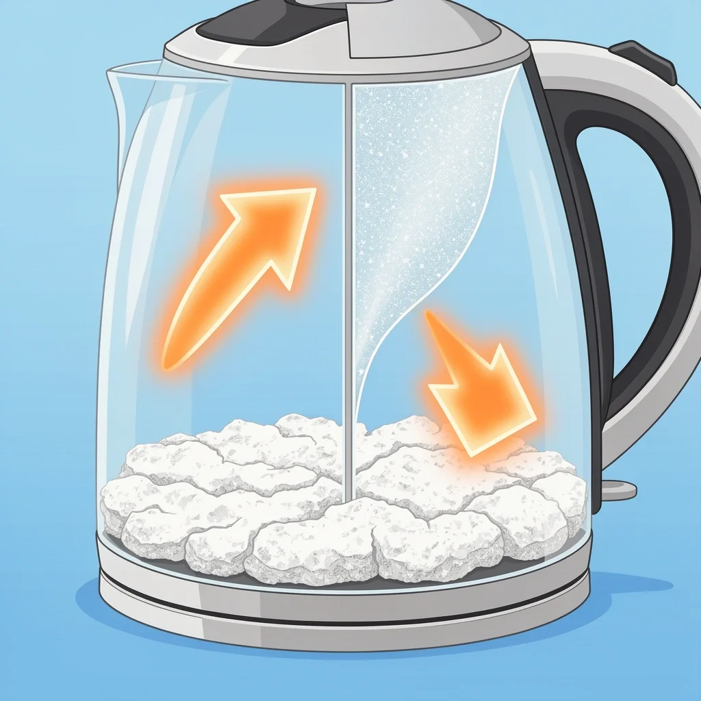 Two Types of Mineral Buildup in Glass Kettles Cross-section of glass kettle bottom with crusty limescale on metal heating plate and hazy mineral film on glass wall