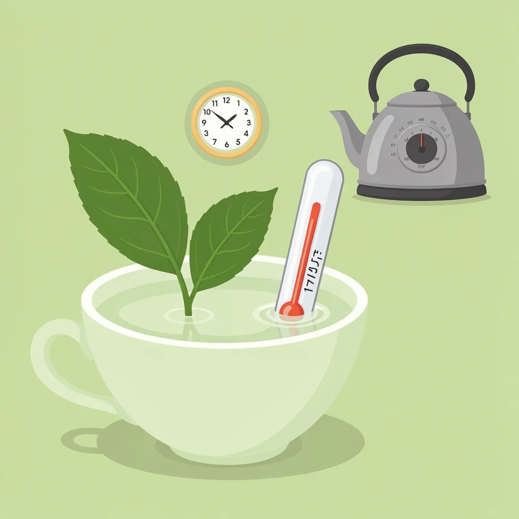 Green tea brewing with thermometer at 175°F and timer for 1-2 minutes
