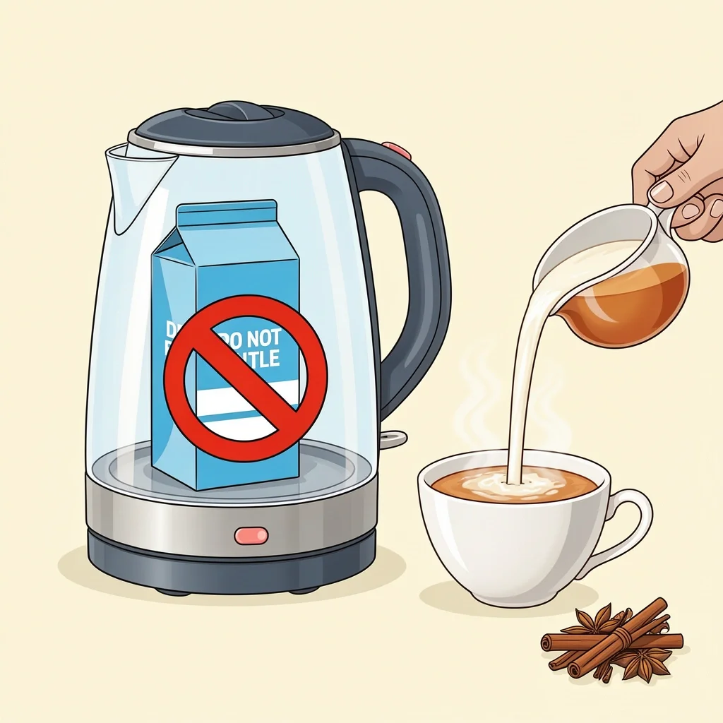 Electric kettle with a prohibition symbol over milk, and a teacup with milk being added after steeping