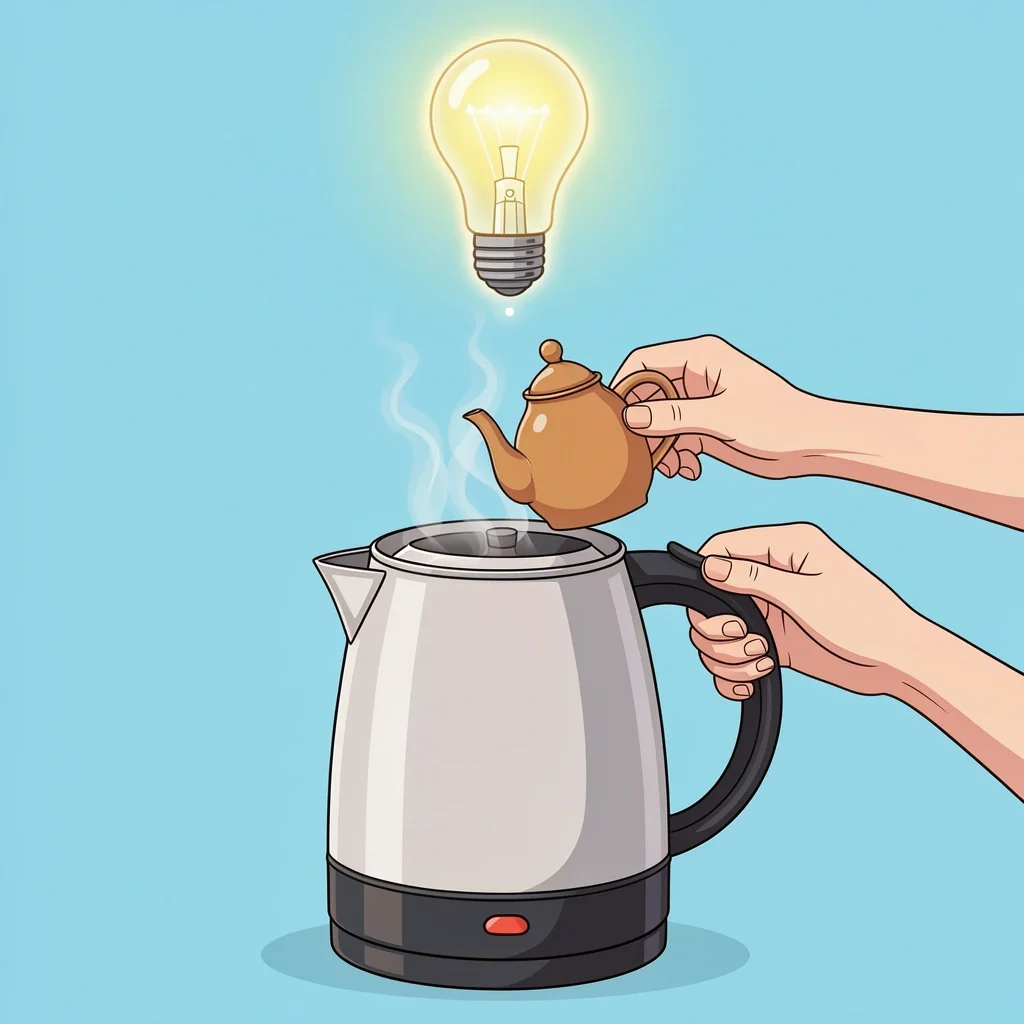 Hands placing small teapot on electric kettle, secret method for Turkish tea