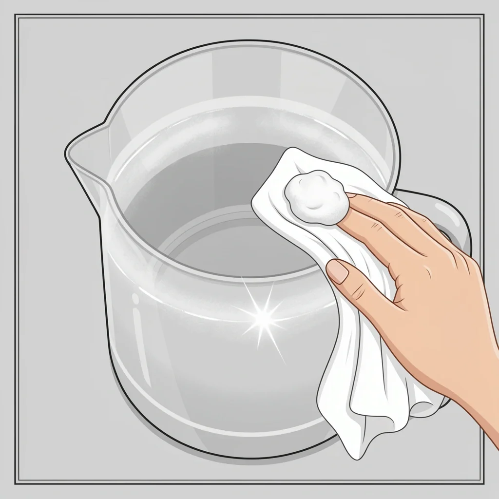 Removing Cloudy Glass Film with Baking Soda Paste Hand wiping the inside of a glass kettle with a microfiber cloth and baking soda paste, showing clear versus cloudy glass