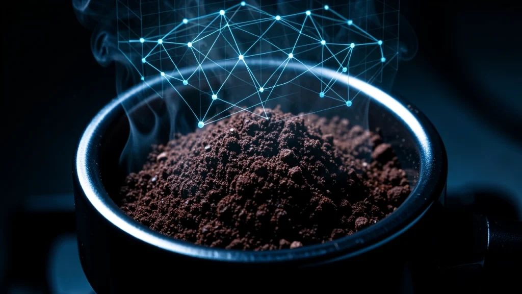 Close-up of decaf espresso grounds in a portafilter with holographic data visualization overlay