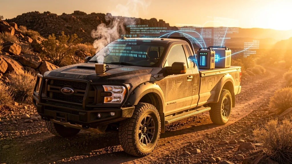 Rugged off-road truck with coffee cup steaming digital data streams connecting to portable power station